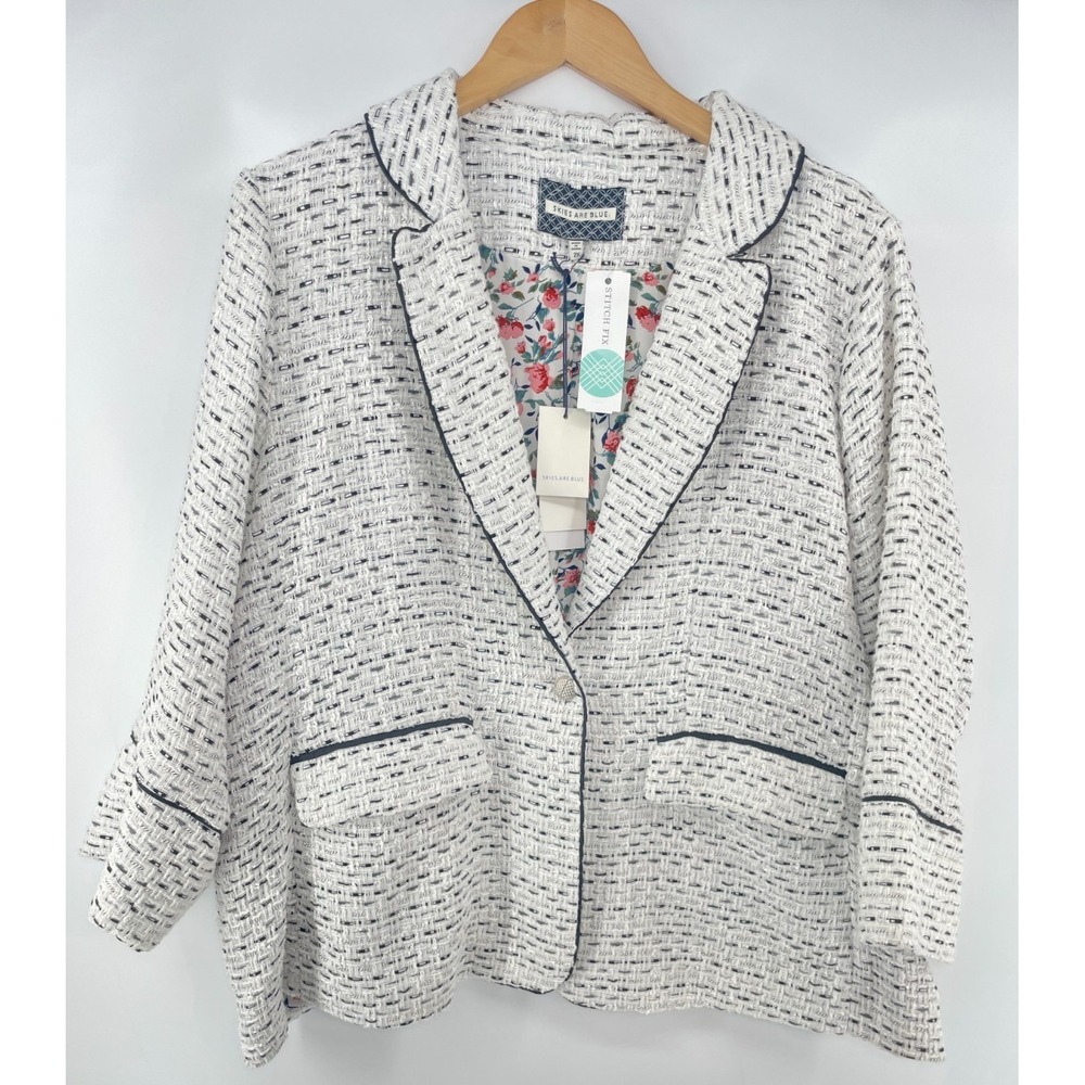Skies Are Blue White Tweed Blazer with Black Trim